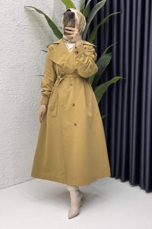 Rabia Trench Tesettür Giyim-Koyu Camel