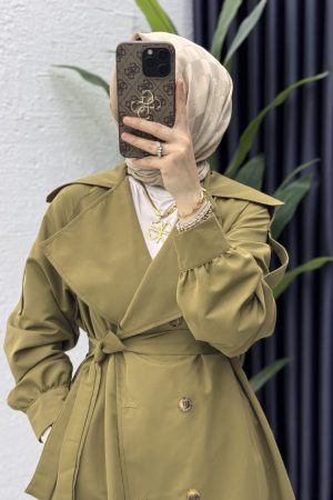 Rabia Trench Tesettür Giyim-Zeytuni